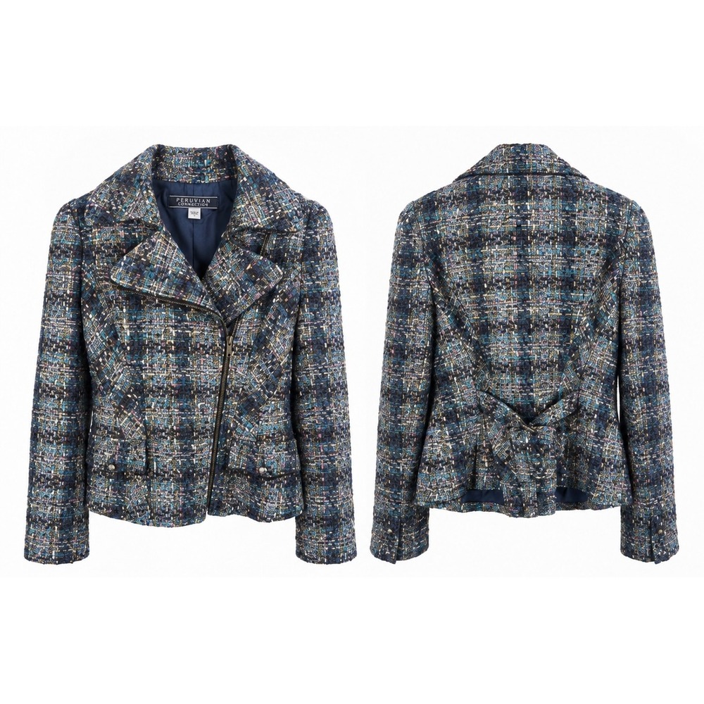 Peruvian Connection Womens Tweed Moto Jacket Wool Blend Asymmetrical Zip XS S